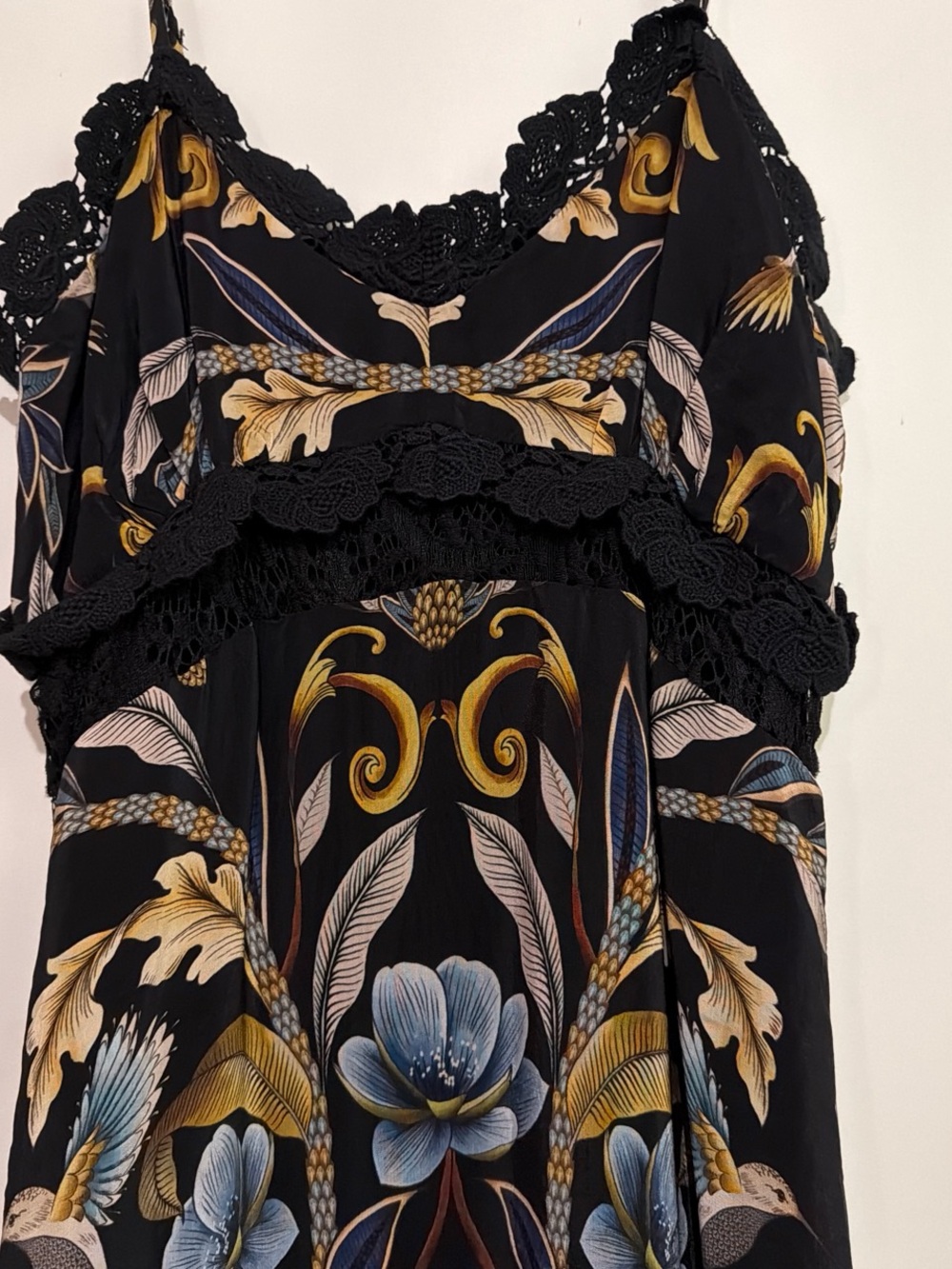 FARM Rio Black Floral-Print Midi Dress with Lace Trim